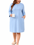 SHOWMALL Women's Plus Size 3/4 Sleeve Nightgown with Pockets Soft Henley Neck Sleep Dress Loose Lounge Sleepwear