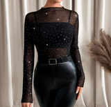 Chiclily Lace Top with Long Sleeves Stand Collar Floral Sexy Mesh See Through Shirts Blouse Ideal for Parties and Clubs