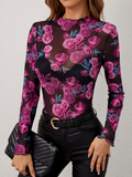 Chiclily Lace Top with Long Sleeves Stand Collar Floral Sexy Mesh See Through Shirts Blouse Ideal for Parties and Clubs