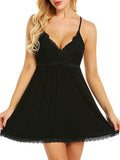 SHOWMALL 2-Piece Lingerie for Women Sexy Lace V Neck Nightwear Spaghetti Strap Nightgown Babydoll Chemise Set with Thong