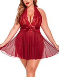 SHOWMALL Women's Sexy Lingerie Lace Halter Nightdress V-Neck Open Back Chemise, Sheer Mesh Sleepwear with Bow Tie