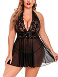 SHOWMALL Women's Sexy Lingerie Lace Halter Nightdress V-Neck Open Back Chemise, Sheer Mesh Sleepwear with Bow Tie
