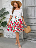 SHOWMALL Women's Plus Summer Dresses Short Sleeves Casual Midi Dress with Pockets
