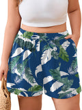 SHOWMALL Women's Plus Size Summer Shorts, Lightweight Breathable Casual Shorts with Pockets, Elastic Drawstring Waist High Waisted Lounge Beach Shorts
