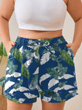 SHOWMALL Women's Plus Size Summer Shorts, Lightweight Breathable Casual Shorts with Pockets, Elastic Drawstring Waist High Waisted Lounge Beach Shorts
