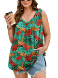 SHOWMALL Women's Plus Size Tank Top, V Neck Pleated Sleeveless Summer Beach Tops, Side Slit Casual Daily Tunic Layering Shirt for Work