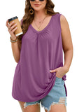 SHOWMALL Women's Plus Size Tank Top, V Neck Pleated Sleeveless Summer Beach Tops, Side Slit Casual Daily Tunic Layering Shirt for Work