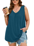 SHOWMALL Women's Plus Size Tank Top, V Neck Pleated Sleeveless Summer Beach Tops, Side Slit Casual Daily Tunic Layering Shirt for Work