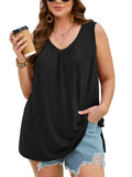 SHOWMALL Women's Plus Size Tank Top, V Neck Pleated Sleeveless Summer Beach Tops, Side Slit Casual Daily Tunic Layering Shirt for Work