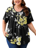 SHOWMALL Women's Plus Size Pleated Tunic Top, Short Sleeve Scoop Neck Shirt with Decorative Buttons, Casual Loose Fit Summer Blouse