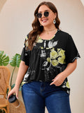 SHOWMALL Women's Plus Size Pleated Tunic Top, Short Sleeve Scoop Neck Shirt with Decorative Buttons, Casual Loose Fit Summer Blouse