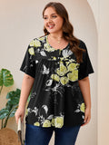 SHOWMALL Women's Plus Size Pleated Tunic Top, Short Sleeve Scoop Neck Shirt with Decorative Buttons, Casual Loose Fit Summer Blouse