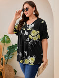SHOWMALL Women's Plus Size Pleated Tunic Top, Short Sleeve Scoop Neck Shirt with Decorative Buttons, Casual Loose Fit Summer Blouse