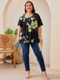 SHOWMALL Women's Plus Size Pleated Tunic Top, Short Sleeve Scoop Neck Shirt with Decorative Buttons, Casual Loose Fit Summer Blouse