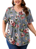 SHOWMALL Women's Plus Size Pleated Tunic Top, Short Sleeve Scoop Neck Shirt with Decorative Buttons, Casual Loose Fit Summer Blouse