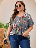 SHOWMALL Women's Plus Size Pleated Tunic Top, Short Sleeve Scoop Neck Shirt with Decorative Buttons, Casual Loose Fit Summer Blouse
