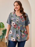 SHOWMALL Women's Plus Size Pleated Tunic Top, Short Sleeve Scoop Neck Shirt with Decorative Buttons, Casual Loose Fit Summer Blouse