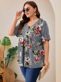SHOWMALL Women's Plus Size Pleated Tunic Top, Short Sleeve Scoop Neck Shirt with Decorative Buttons, Casual Loose Fit Summer Blouse
