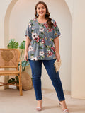 SHOWMALL Women's Plus Size Pleated Tunic Top, Short Sleeve Scoop Neck Shirt with Decorative Buttons, Casual Loose Fit Summer Blouse