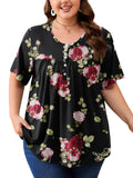 SHOWMALL Women's Plus Size Pleated Tunic Top, Short Sleeve Scoop Neck Shirt with Decorative Buttons, Casual Loose Fit Summer Blouse