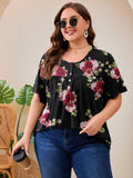 SHOWMALL Women's Plus Size Pleated Tunic Top, Short Sleeve Scoop Neck Shirt with Decorative Buttons, Casual Loose Fit Summer Blouse