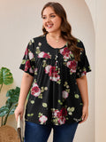 SHOWMALL Women's Plus Size Pleated Tunic Top, Short Sleeve Scoop Neck Shirt with Decorative Buttons, Casual Loose Fit Summer Blouse