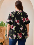 SHOWMALL Women's Plus Size Pleated Tunic Top, Short Sleeve Scoop Neck Shirt with Decorative Buttons, Casual Loose Fit Summer Blouse