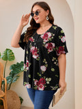 SHOWMALL Women's Plus Size Pleated Tunic Top, Short Sleeve Scoop Neck Shirt with Decorative Buttons, Casual Loose Fit Summer Blouse