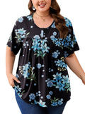 SHOWMALL Women's Plus Size Pleated Tunic Top, Short Sleeve Scoop Neck Shirt with Decorative Buttons, Casual Loose Fit Summer Blouse