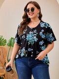 SHOWMALL Women's Plus Size Pleated Tunic Top, Short Sleeve Scoop Neck Shirt with Decorative Buttons, Casual Loose Fit Summer Blouse