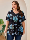 SHOWMALL Women's Plus Size Pleated Tunic Top, Short Sleeve Scoop Neck Shirt with Decorative Buttons, Casual Loose Fit Summer Blouse