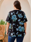 SHOWMALL Women's Plus Size Pleated Tunic Top, Short Sleeve Scoop Neck Shirt with Decorative Buttons, Casual Loose Fit Summer Blouse