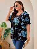SHOWMALL Women's Plus Size Pleated Tunic Top, Short Sleeve Scoop Neck Shirt with Decorative Buttons, Casual Loose Fit Summer Blouse