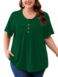 SHOWMALL Women's Plus Size Pleated Tunic Top, Short Sleeve Scoop Neck Shirt with Decorative Buttons, Casual Loose Fit Summer Blouse
