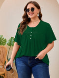 SHOWMALL Women's Plus Size Pleated Tunic Top, Short Sleeve Scoop Neck Shirt with Decorative Buttons, Casual Loose Fit Summer Blouse