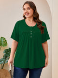 SHOWMALL Women's Plus Size Pleated Tunic Top, Short Sleeve Scoop Neck Shirt with Decorative Buttons, Casual Loose Fit Summer Blouse