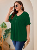 SHOWMALL Women's Plus Size Pleated Tunic Top, Short Sleeve Scoop Neck Shirt with Decorative Buttons, Casual Loose Fit Summer Blouse