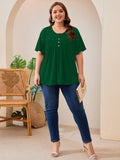SHOWMALL Women's Plus Size Pleated Tunic Top, Short Sleeve Scoop Neck Shirt with Decorative Buttons, Casual Loose Fit Summer Blouse