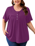 SHOWMALL Women's Plus Size Pleated Tunic Top, Short Sleeve Scoop Neck Shirt with Decorative Buttons, Casual Loose Fit Summer Blouse