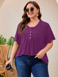 SHOWMALL Women's Plus Size Pleated Tunic Top, Short Sleeve Scoop Neck Shirt with Decorative Buttons, Casual Loose Fit Summer Blouse