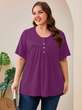 SHOWMALL Women's Plus Size Pleated Tunic Top, Short Sleeve Scoop Neck Shirt with Decorative Buttons, Casual Loose Fit Summer Blouse