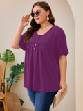 SHOWMALL Women's Plus Size Pleated Tunic Top, Short Sleeve Scoop Neck Shirt with Decorative Buttons, Casual Loose Fit Summer Blouse