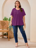 SHOWMALL Women's Plus Size Pleated Tunic Top, Short Sleeve Scoop Neck Shirt with Decorative Buttons, Casual Loose Fit Summer Blouse