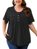SHOWMALL Women's Plus Size Pleated Tunic Top, Short Sleeve Scoop Neck Shirt with Decorative Buttons, Casual Loose Fit Summer Blouse