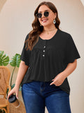 SHOWMALL Women's Plus Size Pleated Tunic Top, Short Sleeve Scoop Neck Shirt with Decorative Buttons, Casual Loose Fit Summer Blouse
