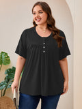 SHOWMALL Women's Plus Size Pleated Tunic Top, Short Sleeve Scoop Neck Shirt with Decorative Buttons, Casual Loose Fit Summer Blouse