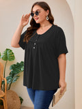 SHOWMALL Women's Plus Size Pleated Tunic Top, Short Sleeve Scoop Neck Shirt with Decorative Buttons, Casual Loose Fit Summer Blouse