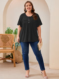 SHOWMALL Women's Plus Size Pleated Tunic Top, Short Sleeve Scoop Neck Shirt with Decorative Buttons, Casual Loose Fit Summer Blouse