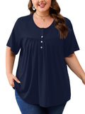 SHOWMALL Women's Plus Size Pleated Tunic Top, Short Sleeve Scoop Neck Shirt with Decorative Buttons, Casual Loose Fit Summer Blouse