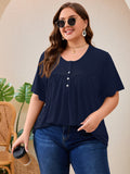 SHOWMALL Women's Plus Size Pleated Tunic Top, Short Sleeve Scoop Neck Shirt with Decorative Buttons, Casual Loose Fit Summer Blouse